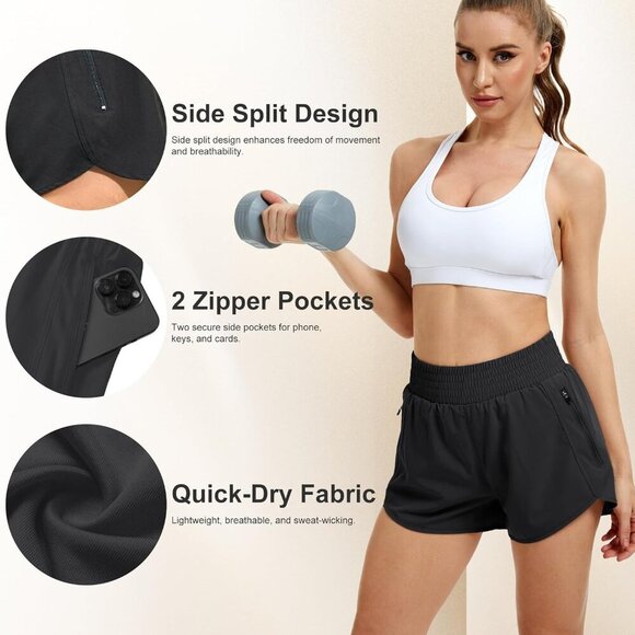 Women's Athletic Workout Shorts High Waisted Elastic Running Shorts with Pockets - Picture 3 of 5